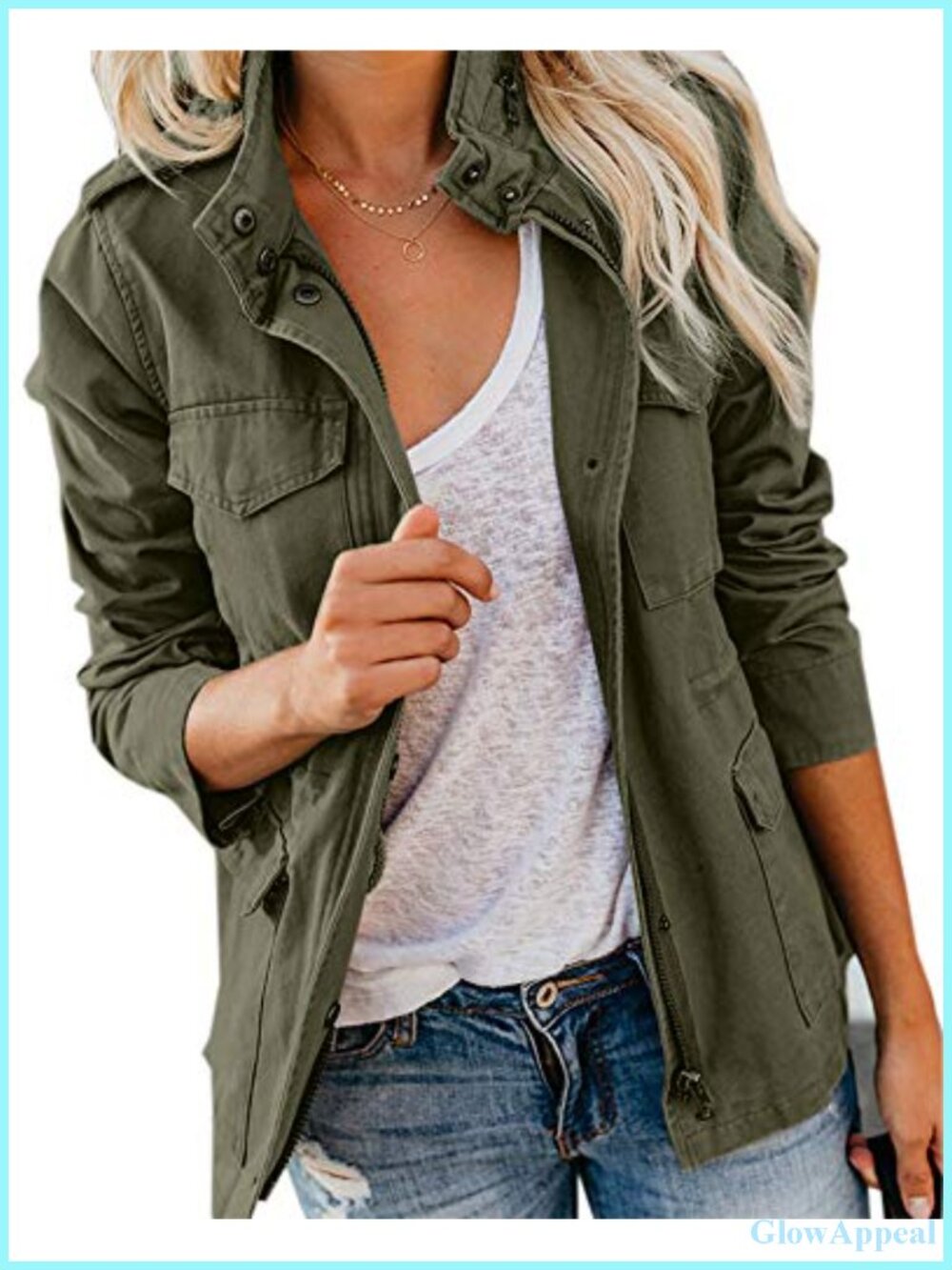 Womens Military Jacket Zip Up Snap Buttons Lightweight Utility Anorak Field
